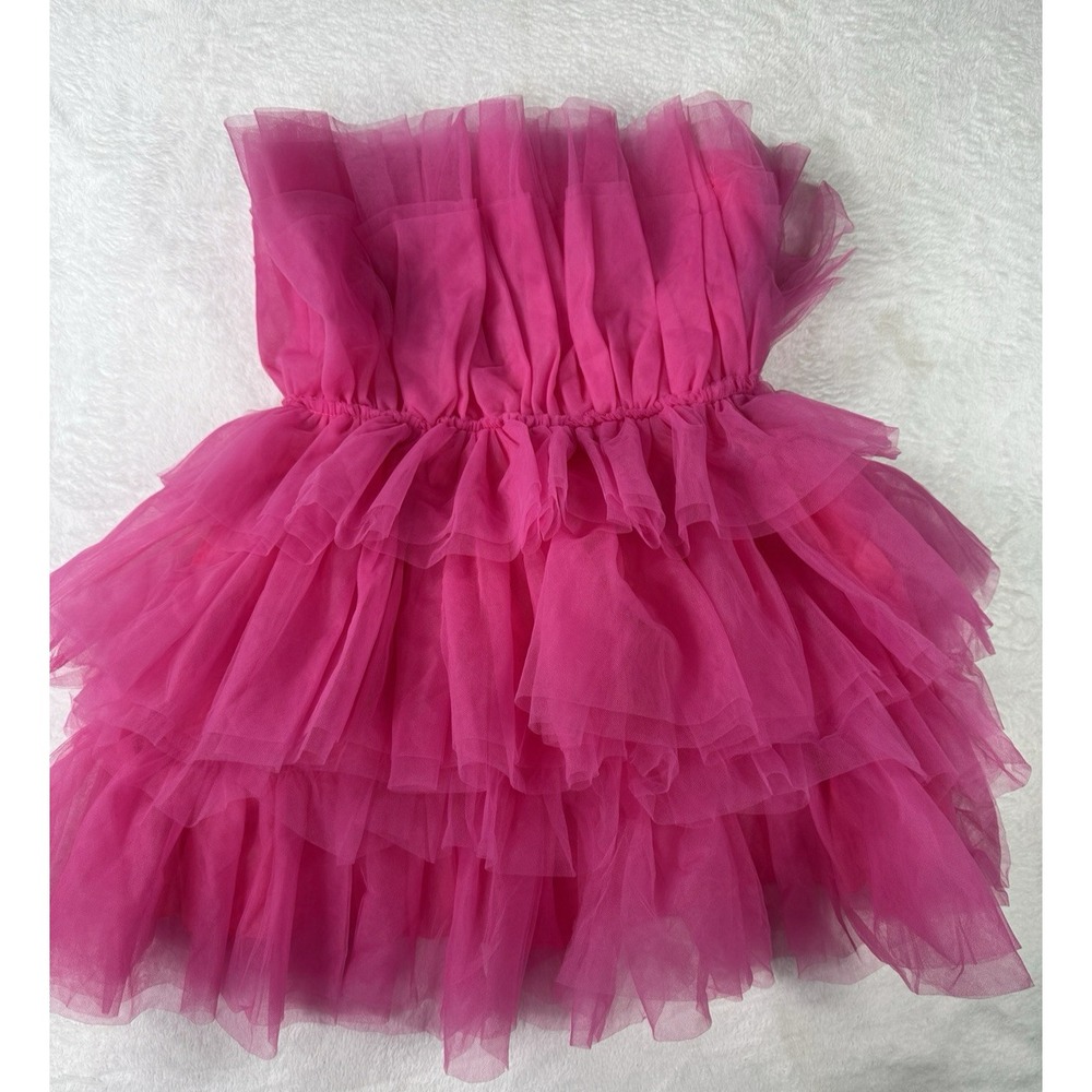 MABLE Strapless Tulle Mini Dress Coral Pink Tiered Ruffle Womens Small Barbie